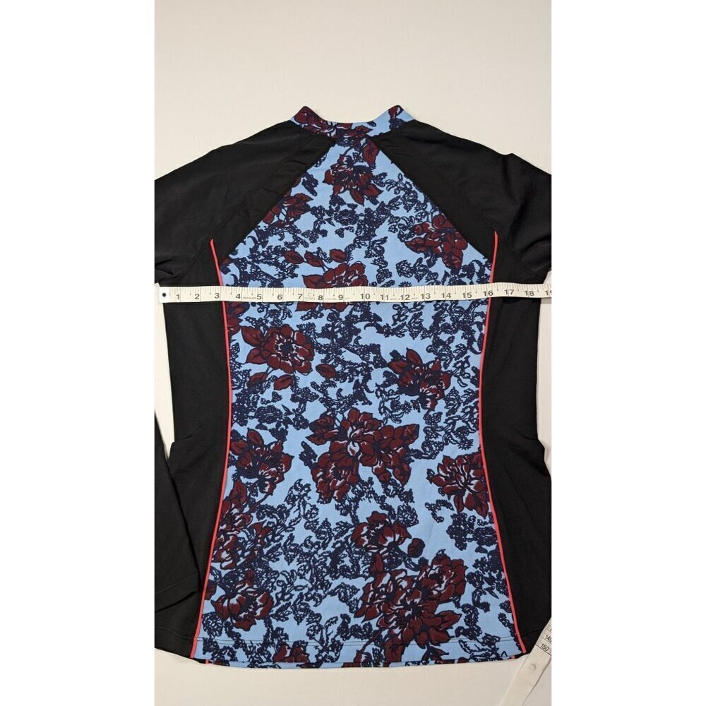 Floral Rash Guard Swim Top Colorblock Long-Sleeve Zip Black & Blue Womens M - Picture 7 of 8